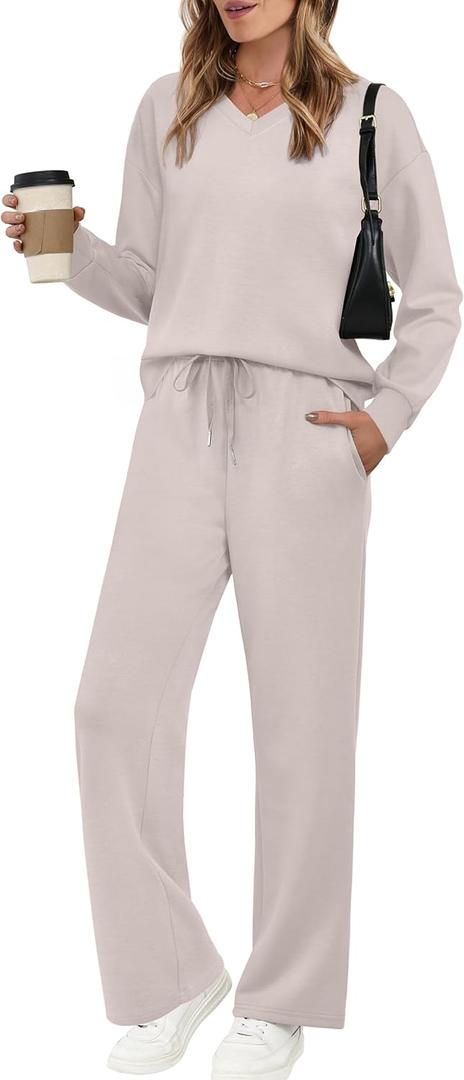 WIHOLL Lounge Sets for Women 2026 V Neck 2 Piece Outfits Airport Wide Leg Pants Matching Set Sweatsuits (Large, 04 - Light Grey)