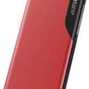 S25 Edge Flip Case for Samsung Galaxy S25 Edge 5G Case, Clear View Slim Fit Leather Cover for Samsung S25 Edge Phone Case with Kickstand Rugged Heavy Duty Shockproof Bumper Shell, 6.66 Inches (Red)