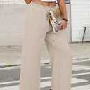WIHOLL Wide Leg Pants Woman Flowy Palazzo Drawstring Elastic Waist Trousers with Pockets Casual Lounge (Beige, S)