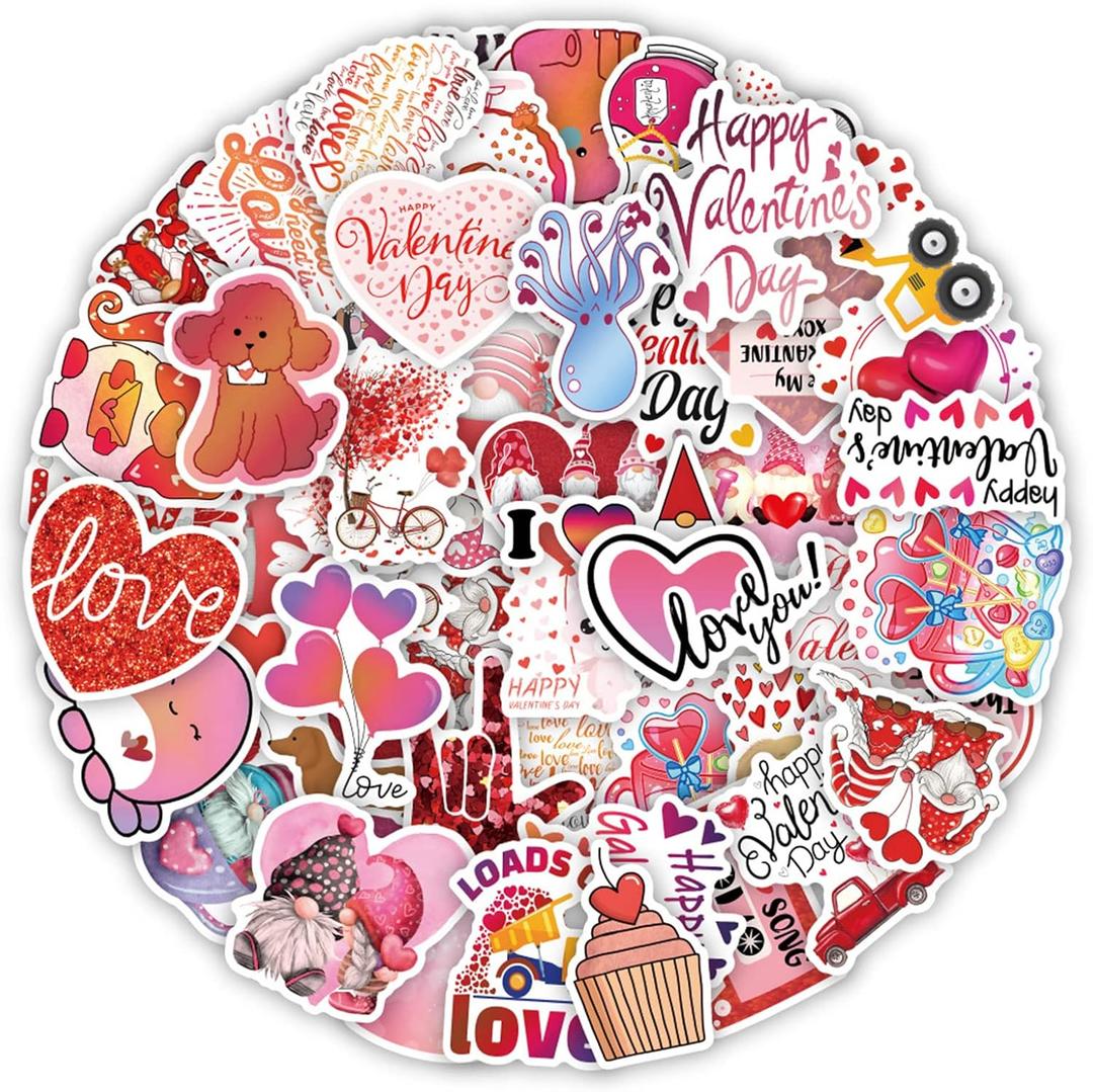 50pcs Valentine Stickers - Love Vinyl Waterproof for Laptop, Water Bottles, Scrapbook, Skateboard, Guitar - Heart Romantic Valentine's Day Stickers for Teens and Adults