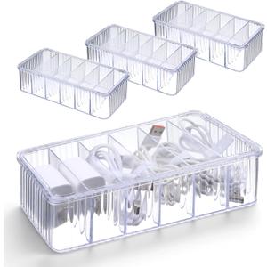 4 Pcs Cord Organizer Box, 8 x 4 x 2 Inch Small Clear Plastic Cable Organizer Box with Lid 6 Compartments Cord Boxs for Home, Office, Desktop Organization