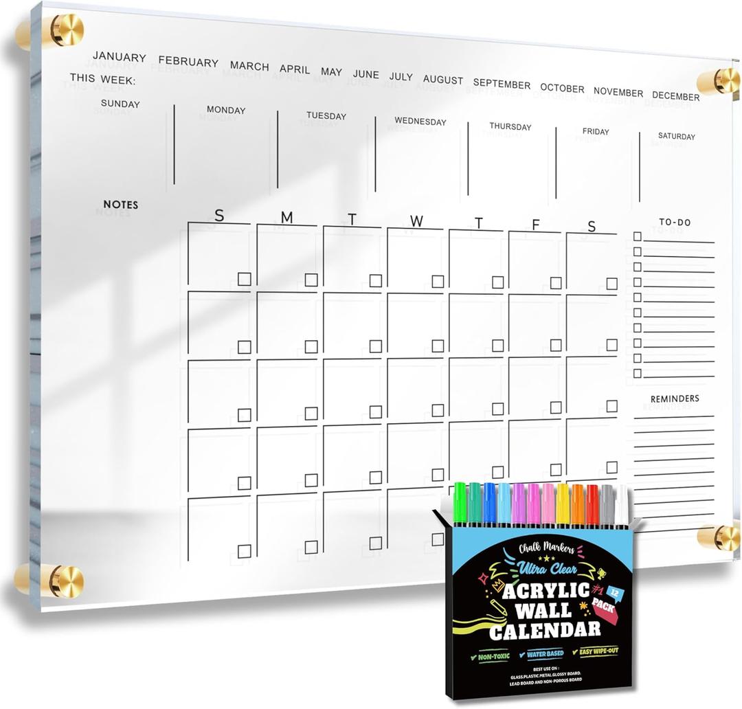 Classic Acrylic Calendar for Wall | Oversize 36' X 24' | Clear Home Office Glass Calander Dry Erase Board Large Reusable Whiteboard Big Monthly Family Planner 9X Liquid Chalk Markers