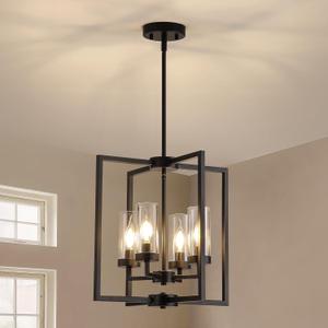 Black Chandeliers for Dining Room, 4-Light Entryway Chandelier for Foyer, 15.7" Hanging Kitchen Light Fixtures Geometric Modern Farmhouse Chandelier for Entryway Hallway Living Room Stairway