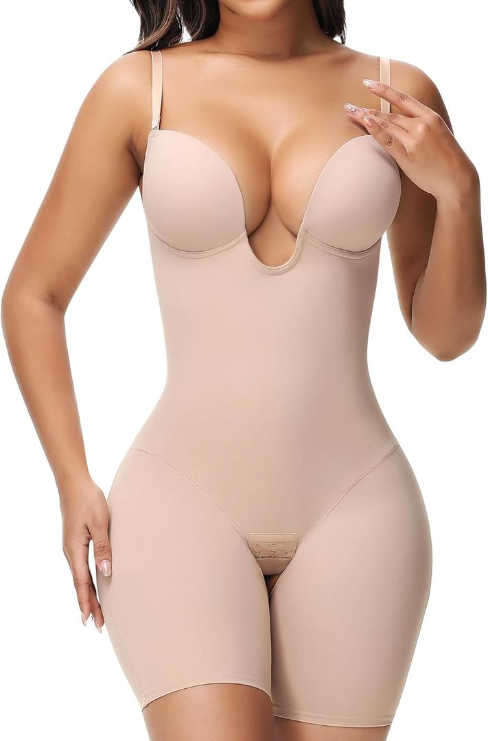 SHAPSHE Backless Shapewear Strapless Deep U Plunge Bodysuit for Women Built In Bra Tummy Control Low Back Body Shaper (Small, Tan)
