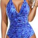 Aqua Eve Tummy Control Swimsuits for Women One Piece Bathing Suit Push Up Slimming Swimwear (Large, Blue Paisley)