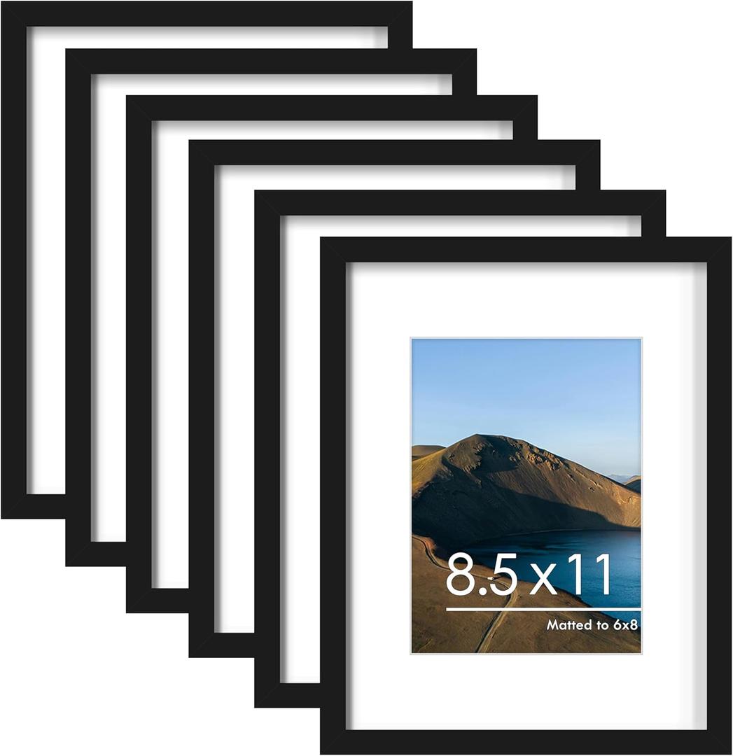 PEALSN 8.5 x 11 Picture Frame Set of 6, Display Pictures 6x8 with Mat or 8.5 x 11 without Mat for Wall Mounting Display, Photo Frames Collage for Wall Decor, Black.
