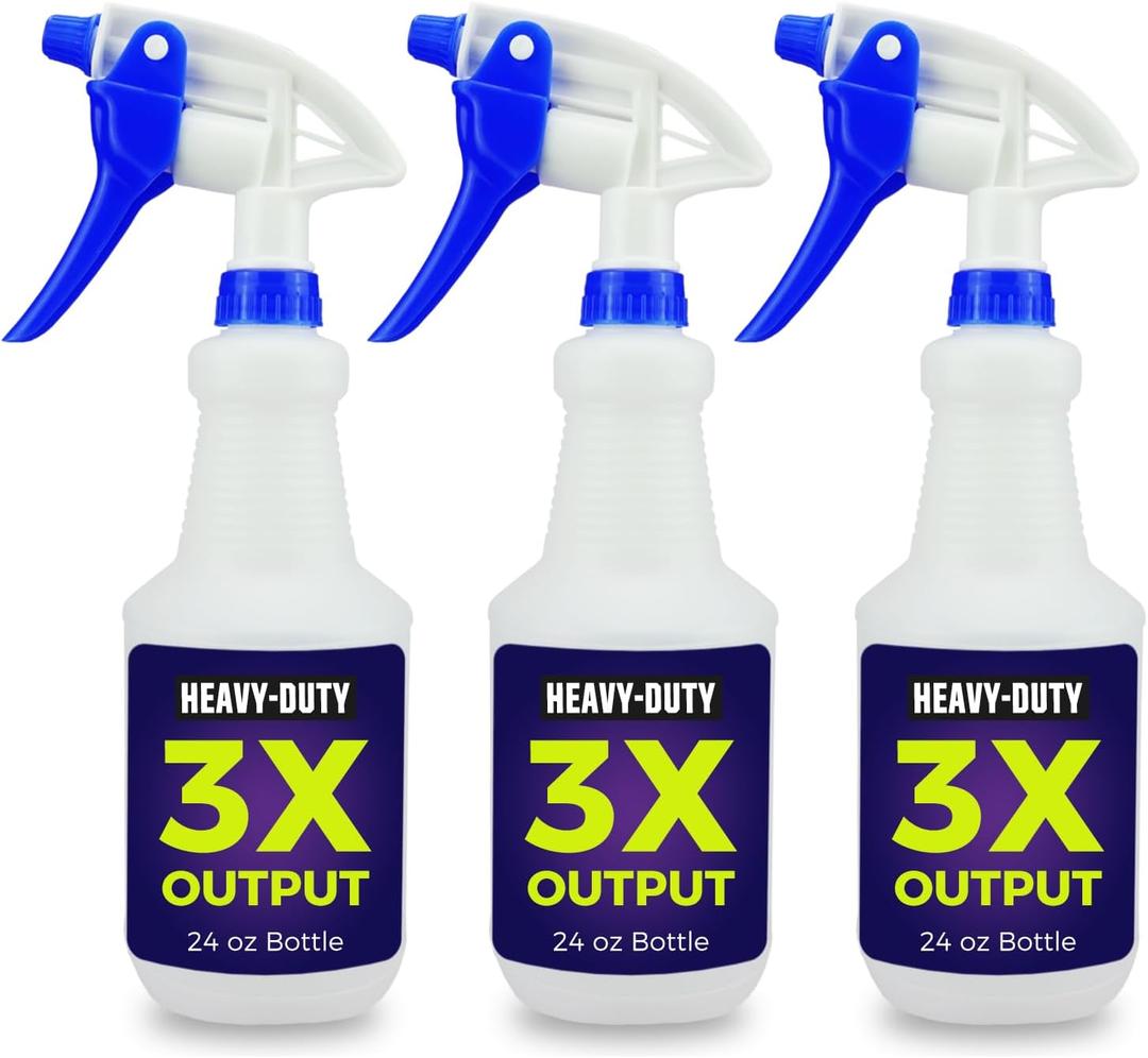 3X High Output Heavy Duty Spray Bottles for Cleaning Solutions, 3 Pack, 24 oz Commercial, Industrial Spray Bottles for Household Cleaning and Car Detailing.