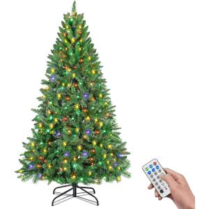 5ft Pre-Lit Artificial Christmas Tree, Premium Hinged Pine Christmas Tree with 200 Multicolor LED Lights, 550 Branch Tips, Metal Stand, 11 Lighting Modes for Home, Party Decoration (Mc03)