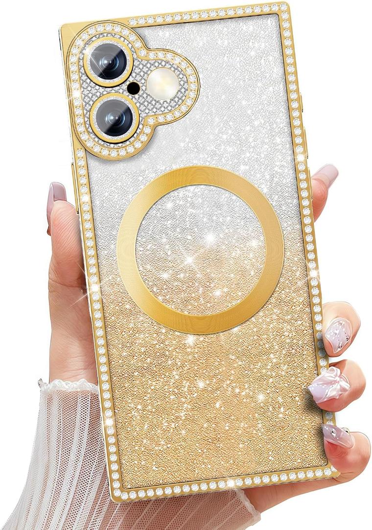 Misscase Magnetic Glitter Case for iPhone 17 6.3 Inch, Camera Protection, Compatible with MagSafe, Rectangle Cute Bling Sparkle Diamond Colorful Phone Cover, Drop-Tested & Shockproof-Gold