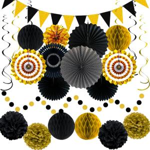 24 Pcs Black and Gold Party Decorations, Paper Fans Honeycomb Pom Poms Pennant Garland, Reusable Hanging Supplies for 2026 Graduation Birthday New Year Wedding Anniversary