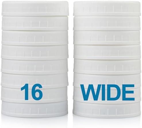 AOZITA Wide Mouth Mason Jar Lids [16 Pack] for Ball, Kerr and More - White Plastic Storage Caps for Mason/Canning Jars - Leak-Proof - Dishwasher Safe & Food Grade