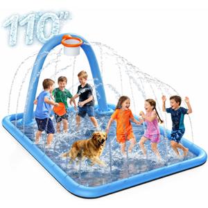 Splash Pad for Kids & Dogs, 102x87'' Large Sprinkler Pad Water Toys with Basketball Hoop, Thickened Non-Slip Splash Mat, Foldable Play Pool & Outdoor Summer Toys Ages 4-12 (110" Splash Pad)