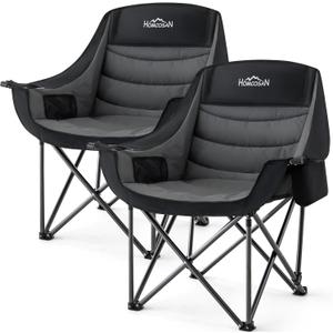 Homcosan Oversized Camping Chairs for Adults, Heavy Duty Padded Outdoor Chairs with Cup Holder and Cooler Pocket, Portable Lawn Chairs, Support 500 lbs, Suitable for Outside Use, Grey, 2 PCS
