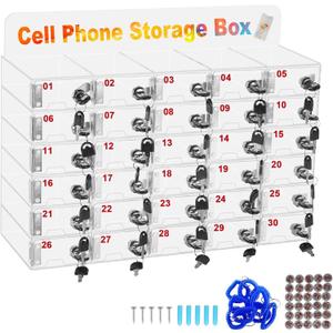 Cell Phone Locker Box 30 Slots Acrylic Cell Phone Storage Cabinet Wall-Mounted Cell Phone Lock Box Organizer for Factory School Office with Door Locks & Keys