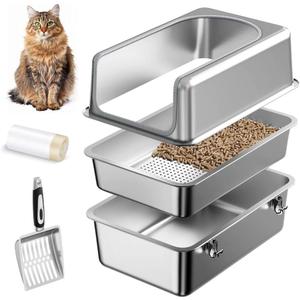 16'' High Sides Stainless Steel Sifting Litter Box for Pine Pellets,XXL Sifting Cat Litter Box with Lid,Metal Sifter Litter Pan System for Big Cats,Odor Control,Easy to Clean