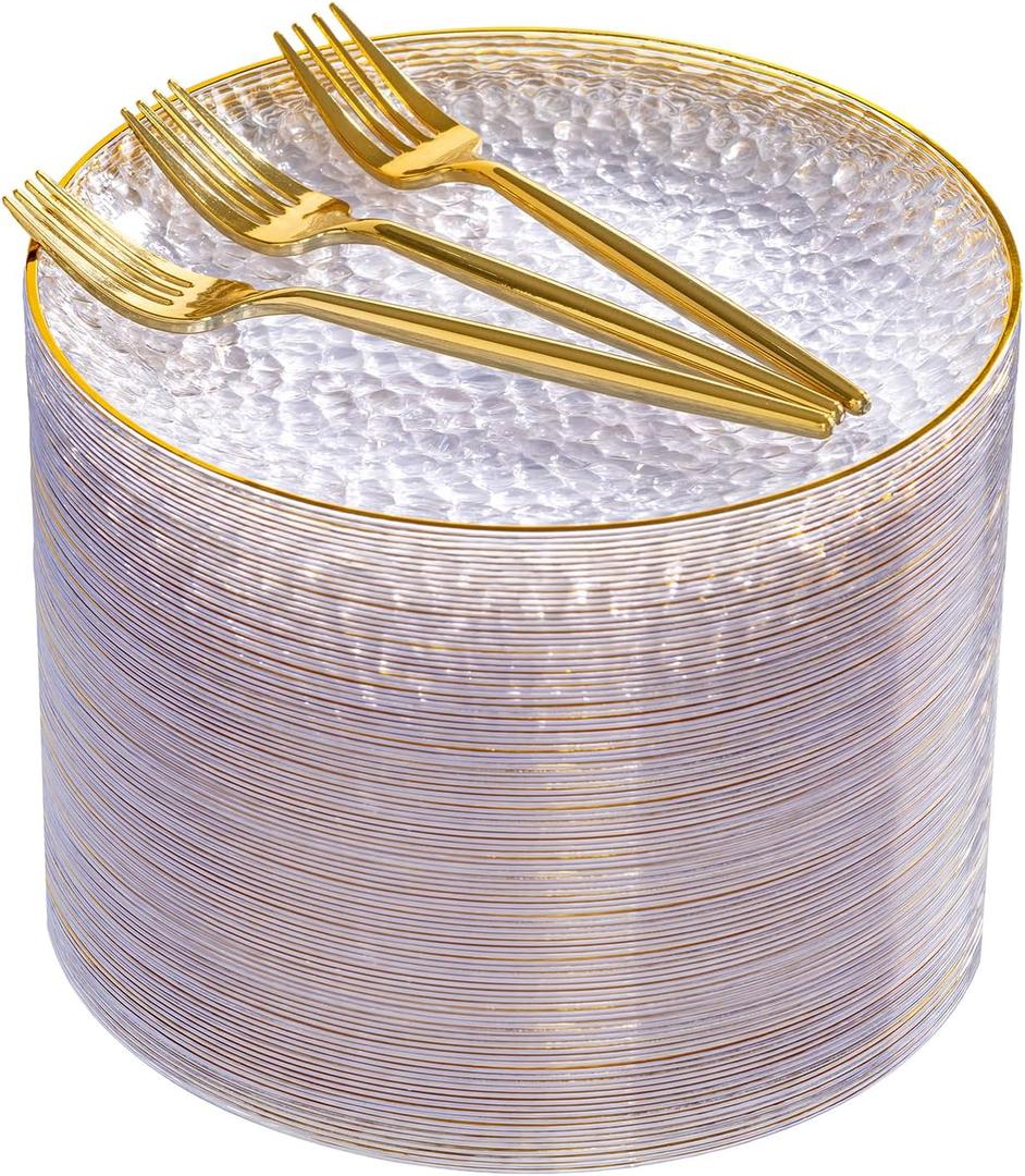 DaYammi 240Pcs Gold Plastic Plates Including 120Pcs Dessert Plates and 120Pcs Cake Forks,Hammered Party Plate,Clear Gold Appetizer plates Heavy duty Disposable Plastic Plate for Party Wedding Birthday