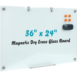 Glass Dry Erase Board, 36 x 24 Inches Magnetic Glass Whiteboard for Wall, 3' x 2' Frameless Board for Office, Home, School