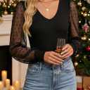 ZESICA Women's Mesh Puff Long Sleeve Shirts 2026 Spring Fall V Neck Ribbed Knit Sexy Going Out Tops Casual Work Blouse (Black, M)