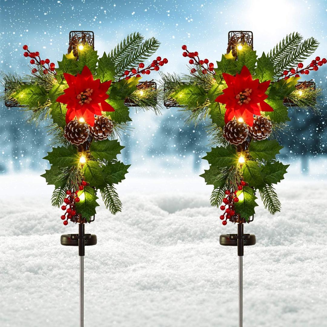 2 Pack Outdoor Solar Lights Christmas Decorations, Cross Stake Lights with Faux Poinsettia Pine Cones Red Berries and Foliage for Garden Patio Grave