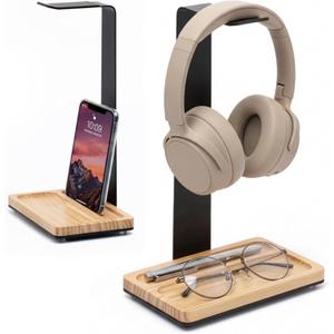 Wooden Headphone Stand with Storage Tray  Rubberwood & Metal Headset Holder with Anti-Slip Base, Scandinavian Desk Headphone Stand for Organizing Headphones, Phone, Keys & Accessories