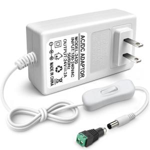 24V 2A Power Supply, 48W 24 Volt DC Power Adapter with On/Off Switch, 110V AC to 24V Transformer Plug for LED Strip Lights with 5.5x2.1mm DC Female Connector