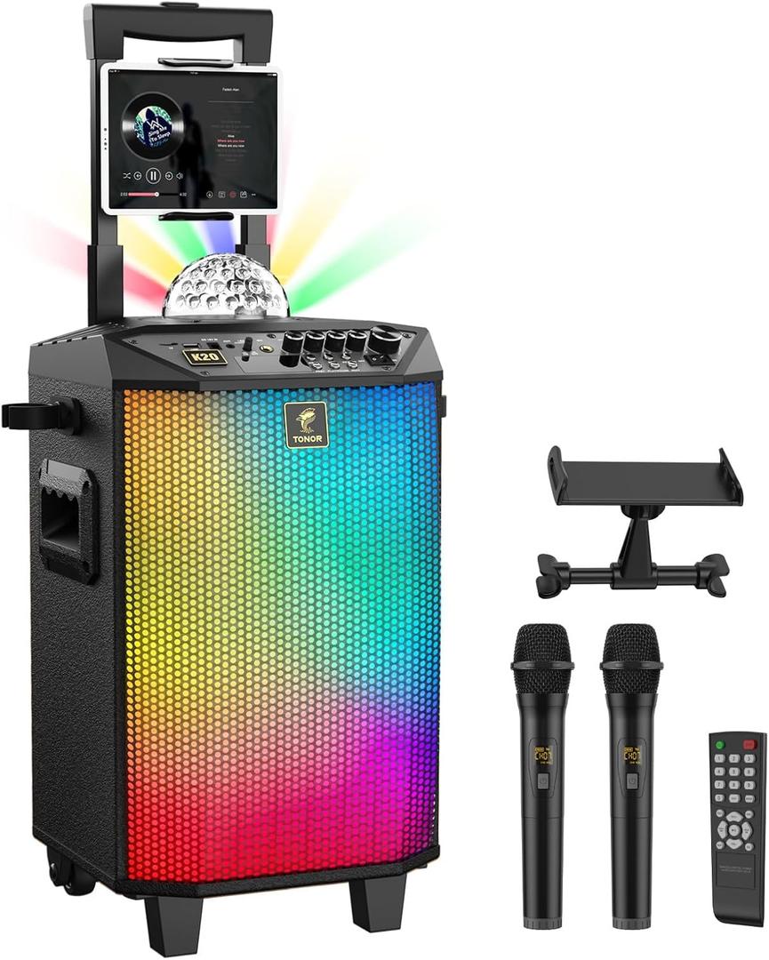 Wireless Karaoke Machine for Adults, TONOR PA System Portable Bluetooth Singing Speaker with Dual Wireless Microphones Microfono, Disco Ball for Home Karaoke, Party, Class and Church K20 (Black)