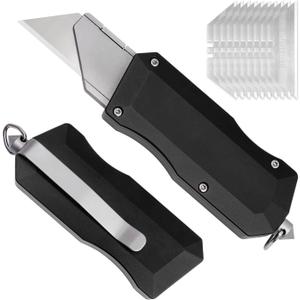 Aluminum Alloy Utility Knife, Retractable Box Cutter with Clip, Lightweight Pocket Knife, Safety Replaceable Blade EDC Razor Knives with 10Pcs Blades (Black)