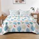 Pamnest Quilt Set Full/ Queen Size, Nautical Coastal 3 Pcs Soft Bed Cover Bedding Set for Kids and Adults, Blue Beach Ocean Starfish Lightweight Bedspread Coverlet with Pillow Sham for All Season