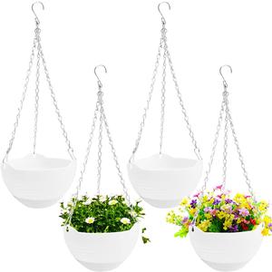 4 Pack 8 inch Hanging Planter Pots,Self-Watering Round Hanging Basket with Water Tray Metal Chain,Succulent Flower Plant Pot Container for Indoor Outdoor Garden Balcony Wall Decor,White (8 inches diameter x 4.9 inches height)