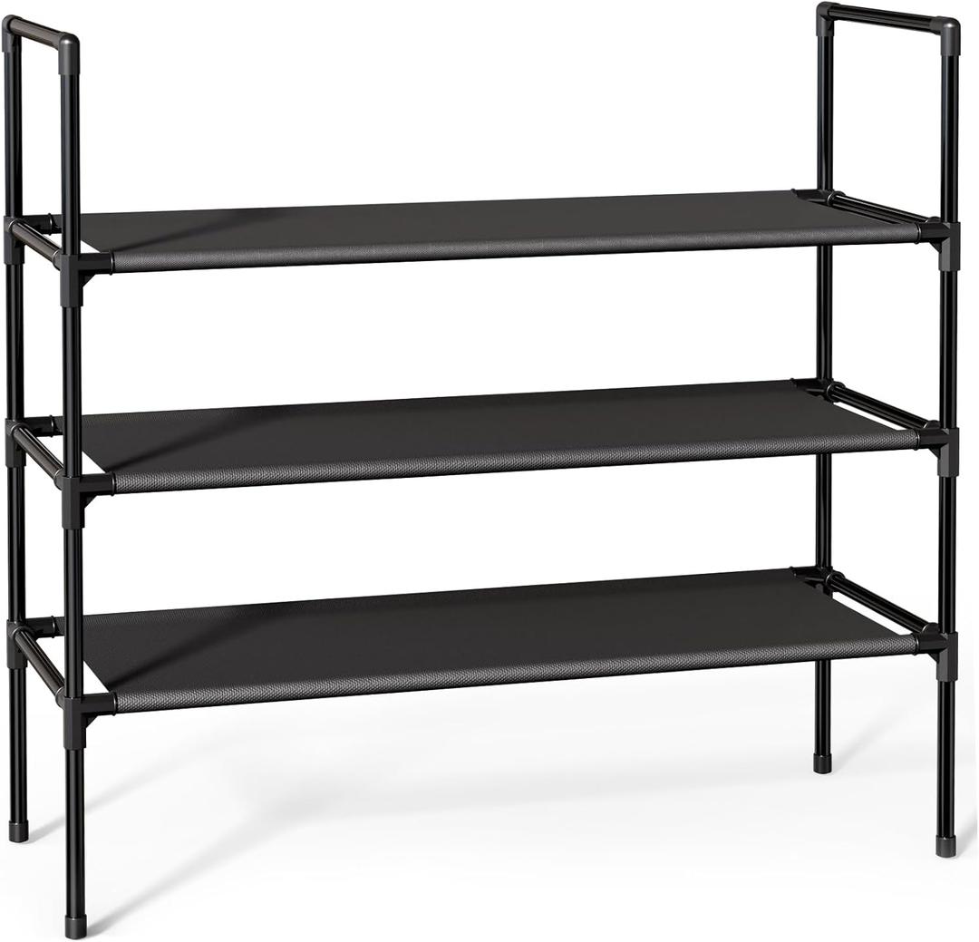 Shoe Rack with Non-Woven Fabric - 3-Tier Shoe Organizer for Closet, Garage, Corridor & Entryway, Sturdy and Stackable, X-Large, Black