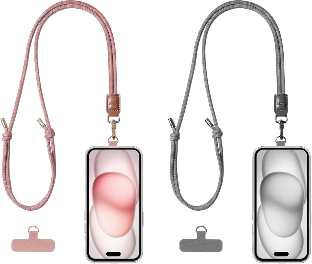 EKAX 2 Pack Crossbody & Neck Phone Strap, Customizable Neck Strap with 0.5mm Removable Phone Tab, Hands-Free Holder for Phone Cases (Rose Pink+Ash Gray)
