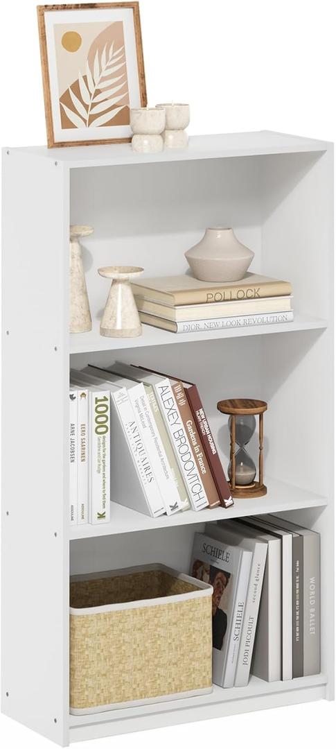 Furinno Basic Book Shelf, 3-Tier Modern Bookshelf, Bookcase with Open Shelves, 9.3" x 21.8" x 39.5", for Living Room, Bedroom, Home Office, White/White
