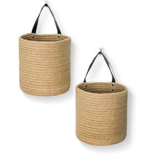 MEGASKET 2 Pack Hanging Basket, Small Wall Baskets for Organizing, Wicker Boho Wall Decor Set, Indoor Hanging Plant Holder, Rattan Woven Organizer for Home Decor, Farmhouse Storage Bin, Jute