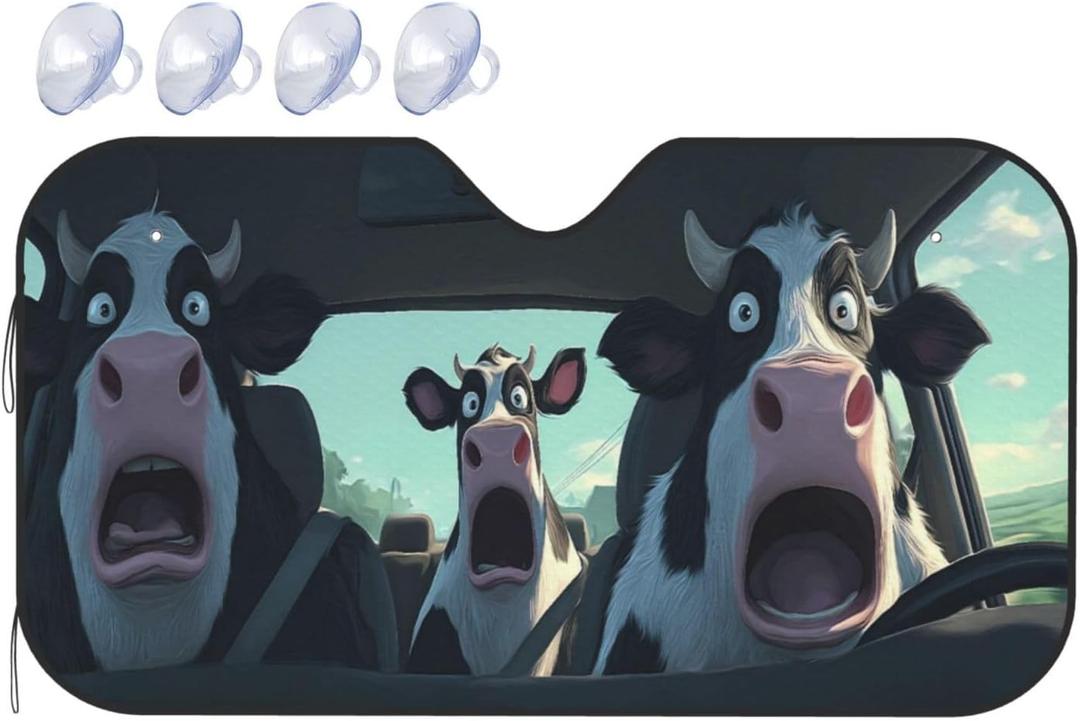 Funny Animals Terrified Cow Driving Windshield Sun Shade,Foldable Universal Sunshade for Cars Trucks SUVs Front Windows,UV Rays Sun Visor,Car Accessories,55x30IN