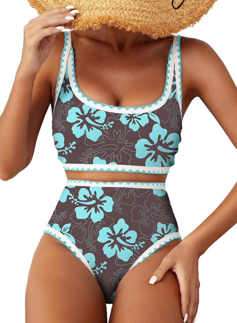 Herseas Women's Bikini Sets Floral Print Whip Stitch 2 Piece Swimsuits High Waisted Scoop Bathing Suits (M)