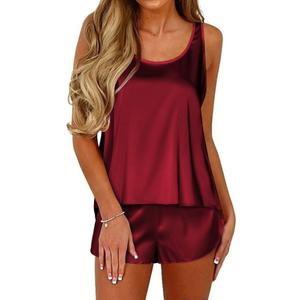 Ekouaer Womens Satin Silk Pajamas Back Split Tank Top and Shorts Silky Pj Set Sleepwear (A-wine Red) Size Small 