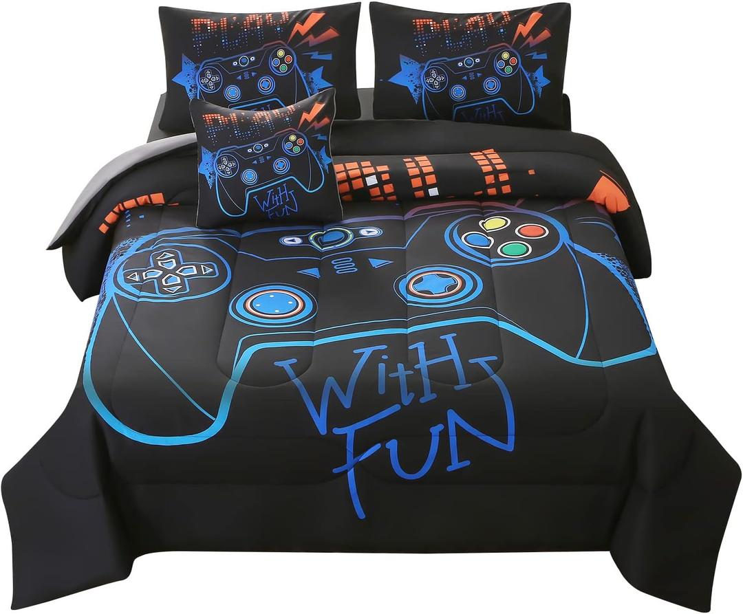 JQinHome Queen Gaming Comforter Sets for Boys,6 Piece Bed in A Bag 3D Video Game Bedding All Season Soft Microfiber Gamer Bedding Sets for Kids, Pillowcase, Flat Sheet, Fitted Sheet,Cushion Cover (Blue)