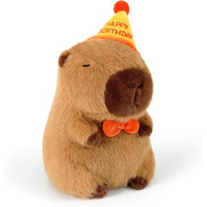 Ditucu Cute Capybara Plush with Happy Birthday Hat Bow Soft Capibara Stuffed Animal Plushies Toys for Birthday Gifts Party Decoration for Kids Brown 9 inch