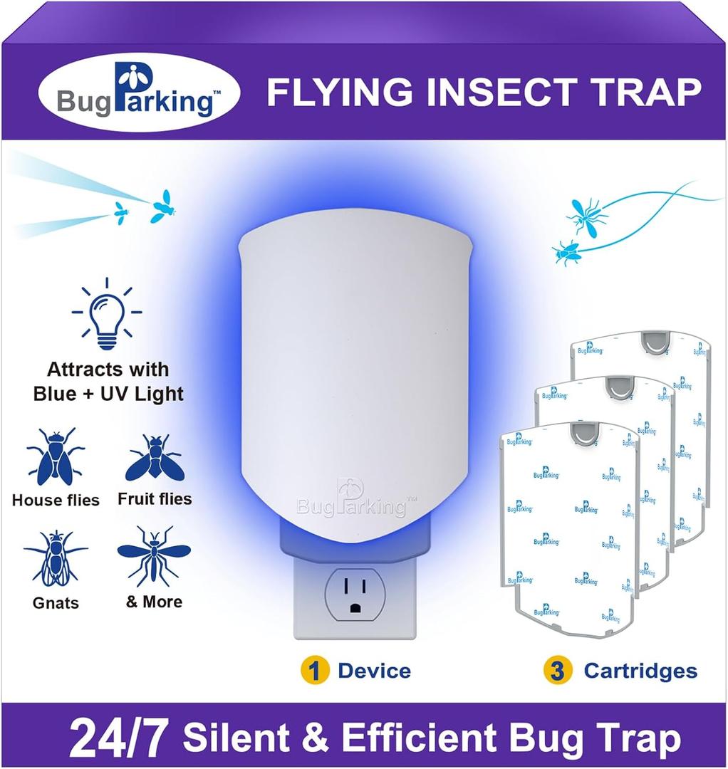 Flying Insect Trap, Plug-in UV Light for Gnats, Fruit Flies and Houseflies, Silent Sticky Catcher for Indoor Use, 1 Device & 3 Refills