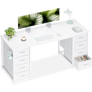 Casaottima 55 Inches Computer Desk with 8 Fabric Drawers, Modern Office Desk with Large Storage for Home Office, Study, White
