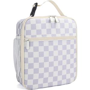 Lunch Box for Women Men Adult Insulated Lunch Bag Women Men Small Reusable Lunchbox for Work Picnic Travel (Beige-Purple Plaid)