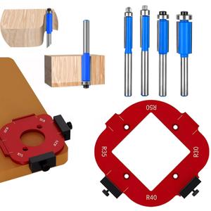2-Piece 4-in-1 Rounded Corner Router Template, Aluminium Alloy Edge Guide Radius Template, Complete with 4 milling Cutters, for Woodworking Applications Rounded Corner arc Cutting and DIY Project