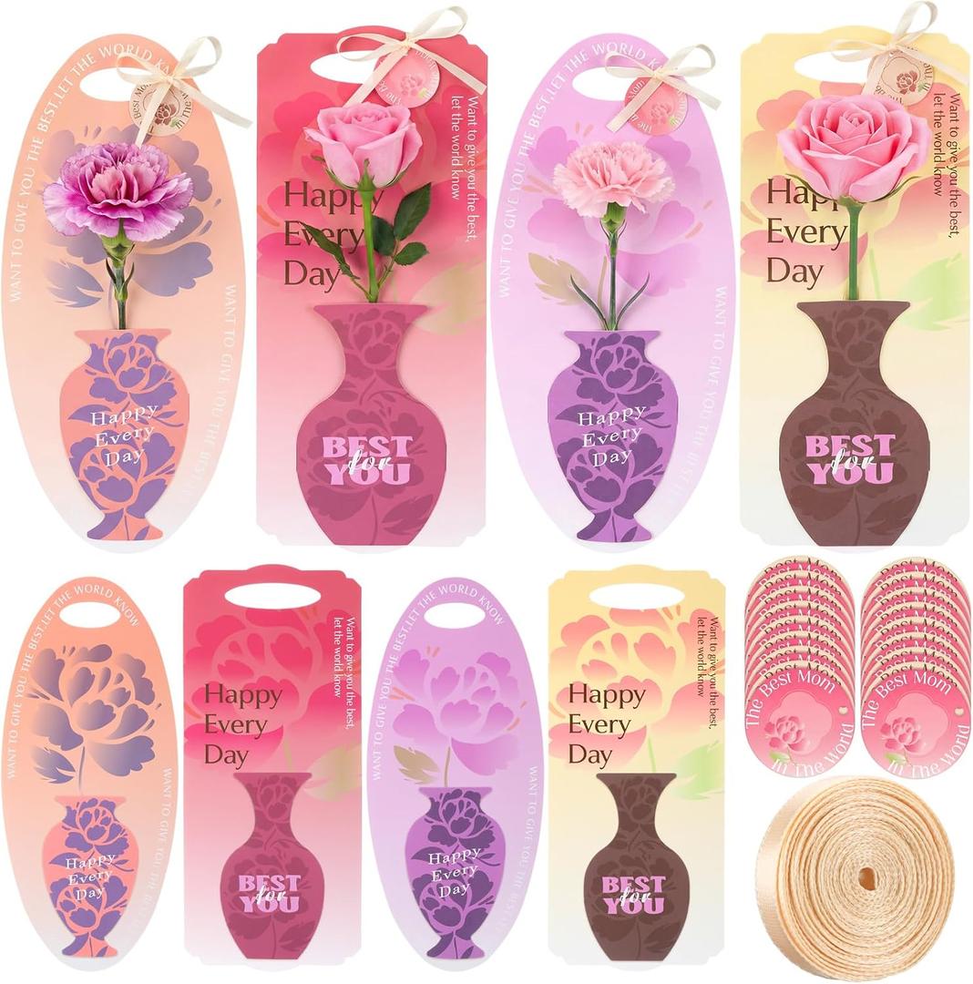 Gueevin 24 Set/48 Pack Mother's Day Flower Bouquet Gift Boxes Single Rose Carnation Floral Cards Sleeve Gift Packaging with Tags 4 Styles Flower Insert Card Holder for Mother's Day Floral Arrangements