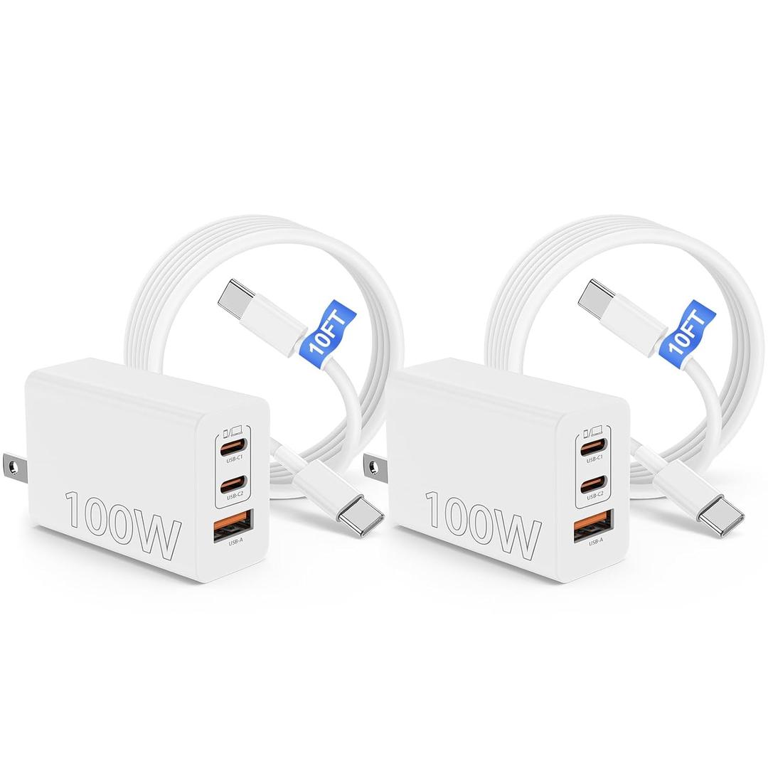 100W USB C Charger Block, 3-Port Super Fast Phone Charger/ 10ft USBC to C Cable Cord Long, 65W Type C Laptop Charging Power Adapter for MacBook Pro/ Air/ iPad/ iPhone 17 16 15 Pro Max/ Samsung Galaxy S25 S24