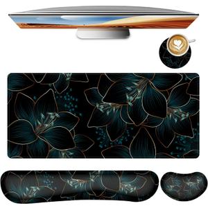 Keyboard Mouse Pad Set,Large Gaming Mouse Pad+Keyboard Wrist Rest+Wrist Rest+Coaster,Computer Desk pad Set Wrist Support for Office Desktop Laptop. (35.4" x 15.7") Extended Desk Mat (Floral)