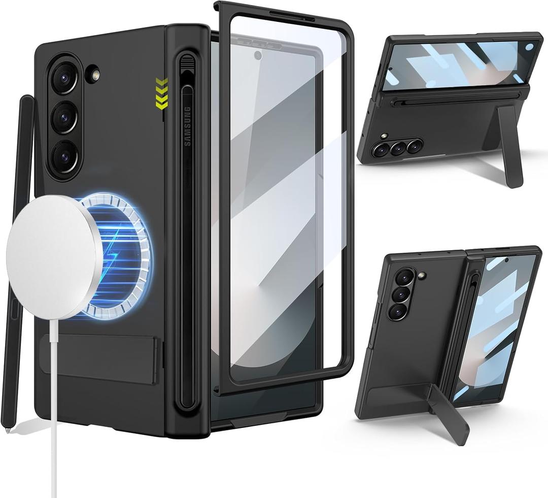 for Samsung Galaxy Z Fold 6 Case with Integrate Thinner Pen Holder, Built in Screen Protector, for Round Shape Magsafe Accessories, Adjustable Metal Stand, Magnetic 2024, Clear