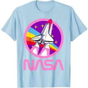 Nerdy NASA Rainbow Rocket Launch Girls Science Teacher T-Shirt, Baby Blue, Medium