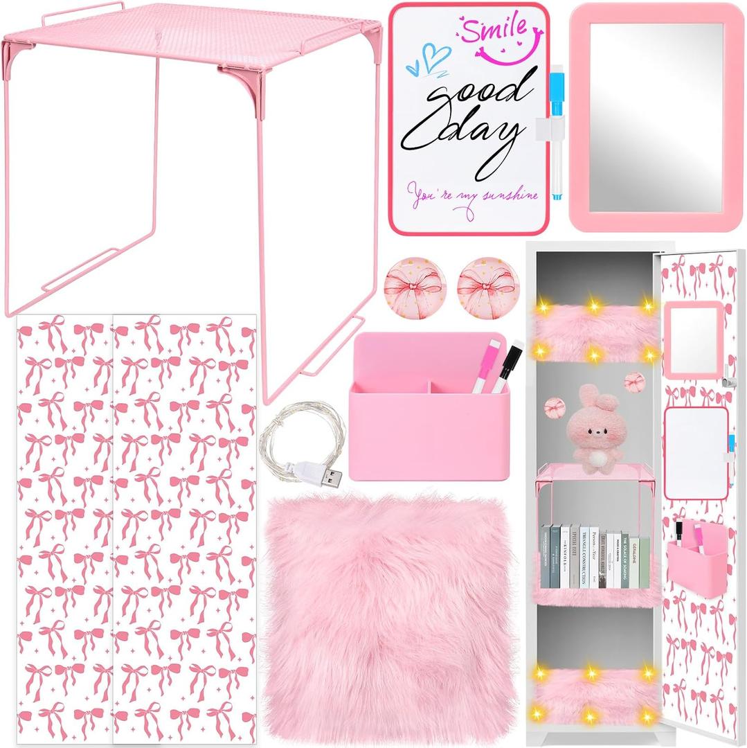 14 PCS Pink Locker Accessories Kit Back to School Locker Decorations Supplies for Girls with Locker Shelf Magnetic Wallpaper Whiteboard Mirror Organizer Markers Rug String Lights and Cute Bow Magnet