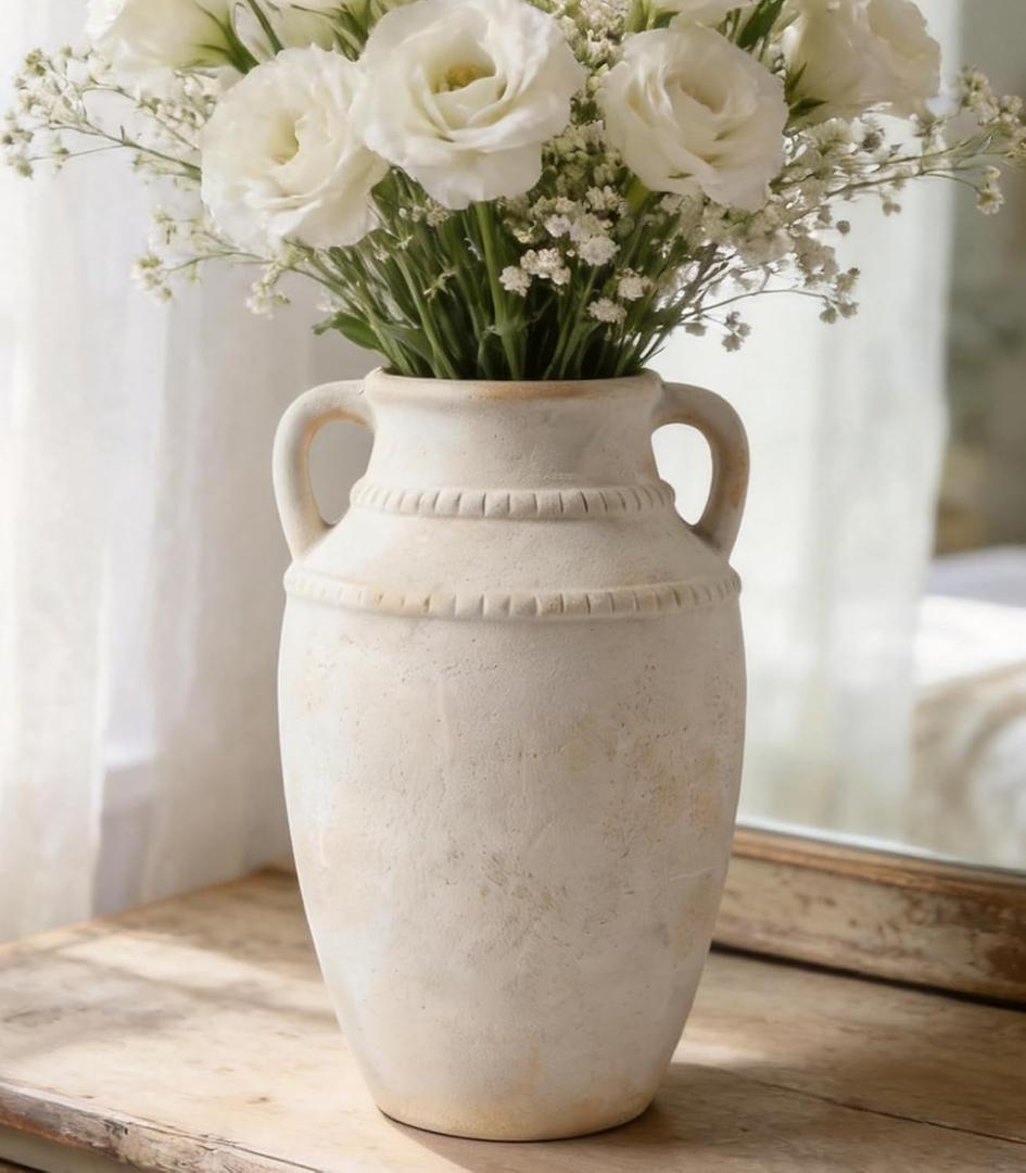 Ceramic Flower Vase, 10.2" Rustic Farmhouse Vase for Home Decor, Glazed Pottery Vase for Fresh Flowers, Pampas Grass, Coffee Table, Dining Table, Mantel and Bookshelf