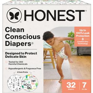 The Honest Company Comfort Dry Disposable Diapers for Sensitive Skin, Hypoallergenic, Fragrance-Free, Barnyard Babies + Pattern Play, Club Box, Size 7 (41 lbs), 32 Count